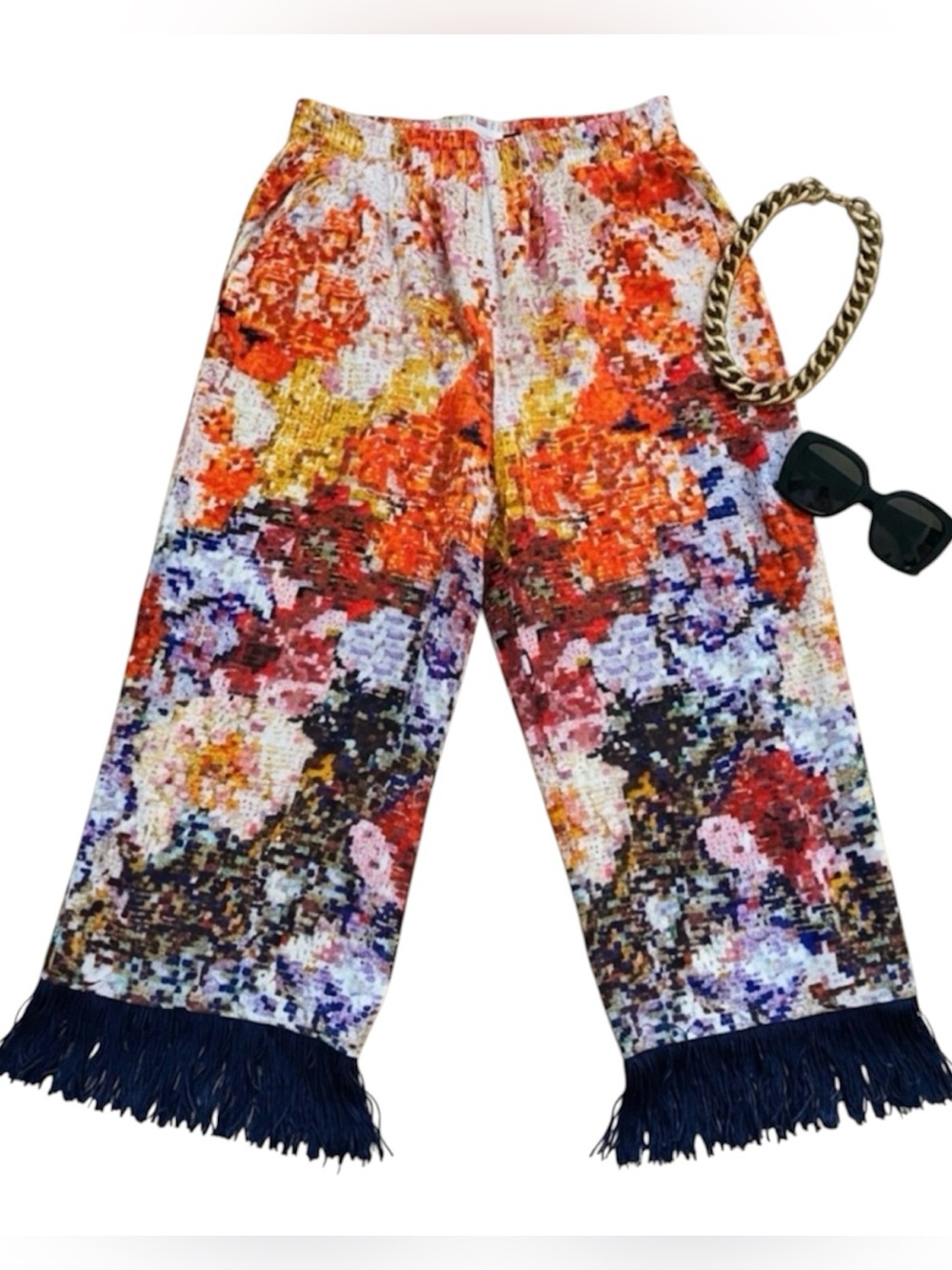 Kirstin Lamb x Anthropologie Fringe Pajama Pants Sz S Pixelated Floral Boho Y2K